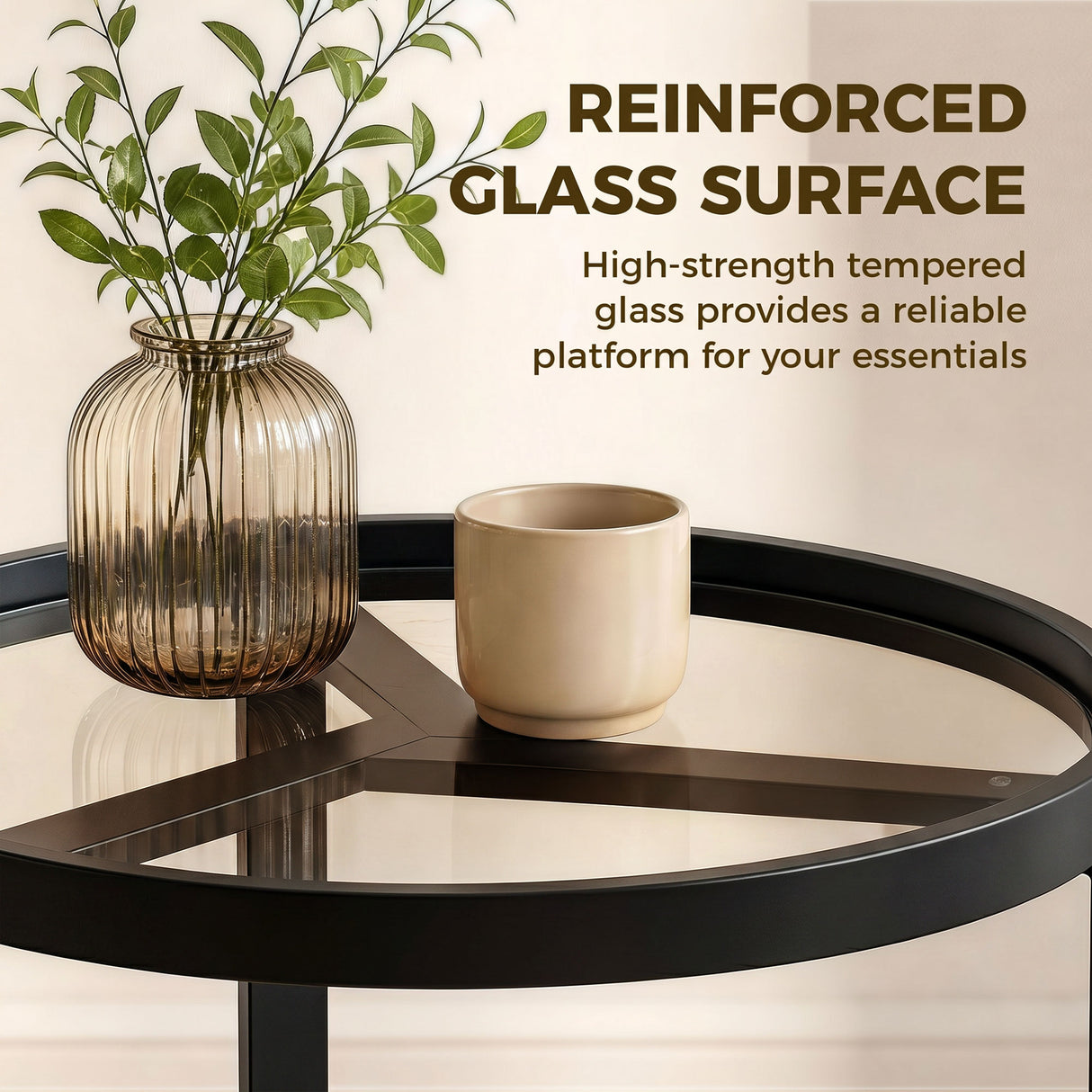 Glass Side Table 45cm Wide With Gold Metal Frame - Velmora