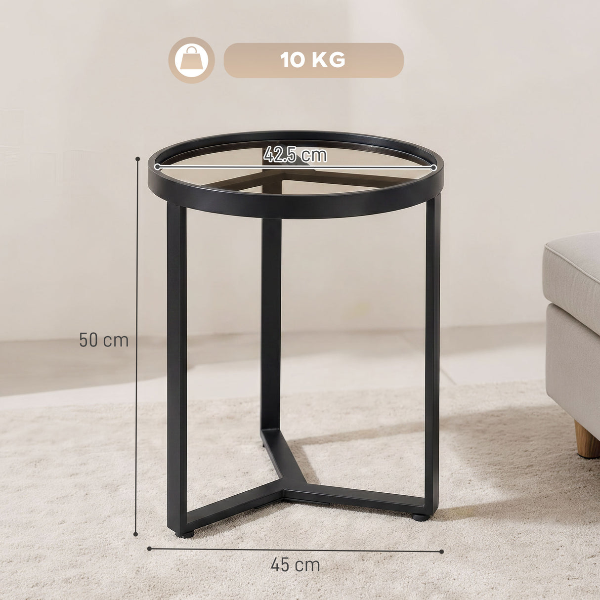 Glass Side Table 45cm Wide With Gold Metal Frame - Velmora