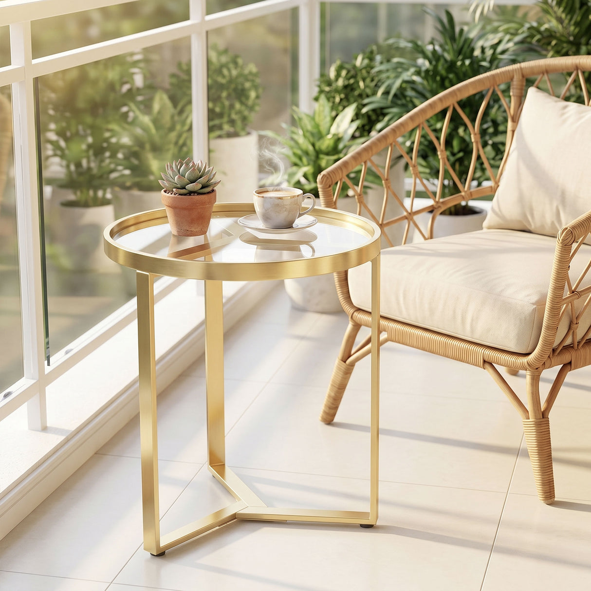 Glass Side Table 45cm Wide With Gold Metal Frame - Velmora