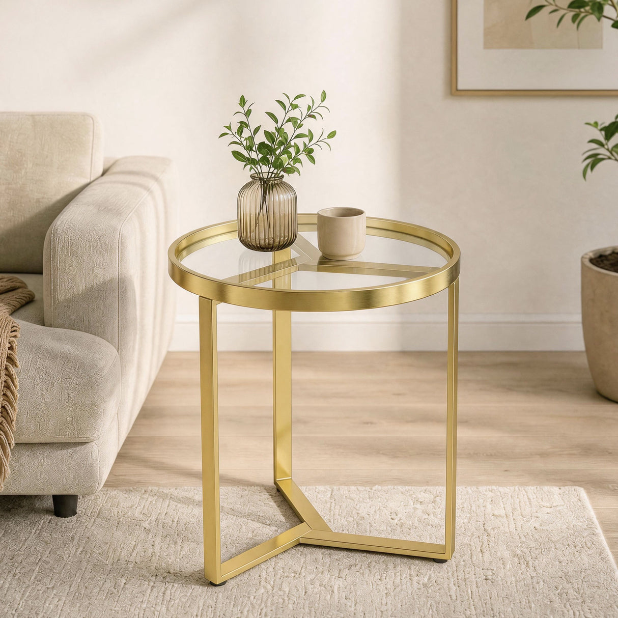 Glass Side Table 45cm Wide With Gold Metal Frame - Velmora