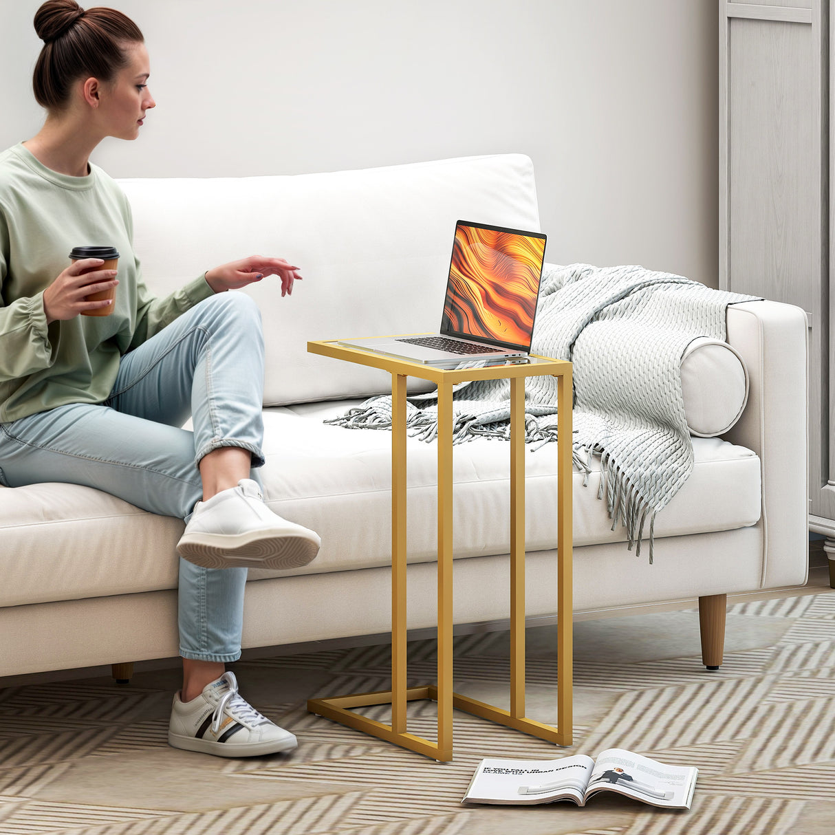 Glass Side Table 46cm Wide With Gold Steel Frame - Velmora