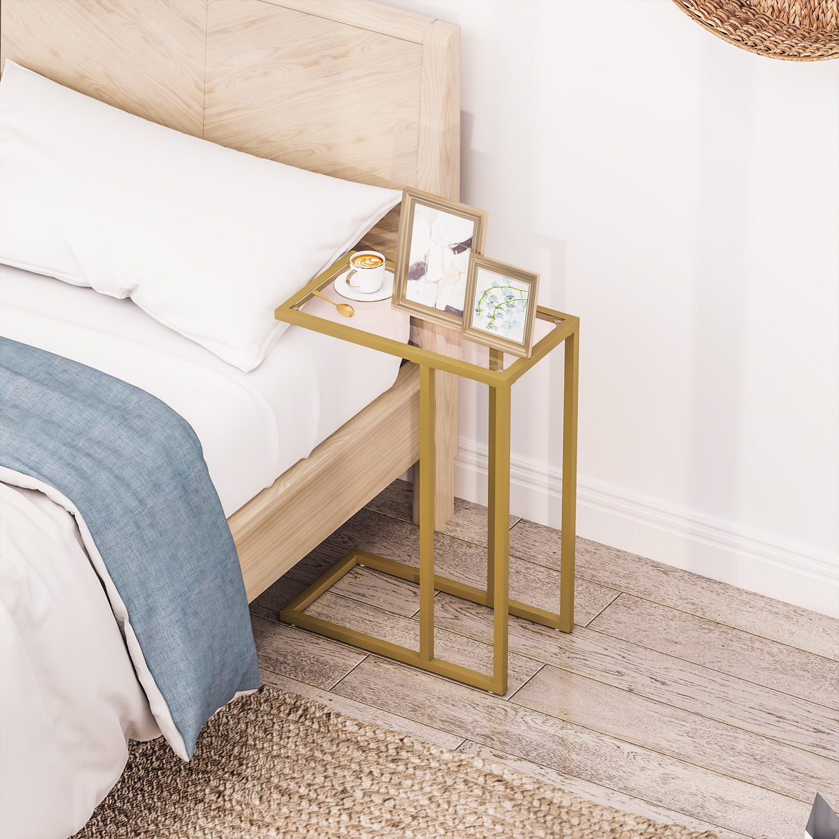 Glass Side Table 46cm Wide With Gold Steel Frame - Velmora