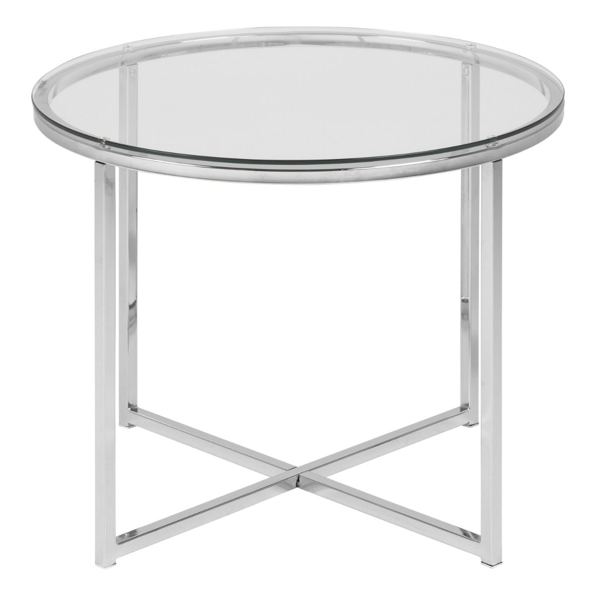 Glass Side Table Round With Chrome Metal X-Frame - Cross