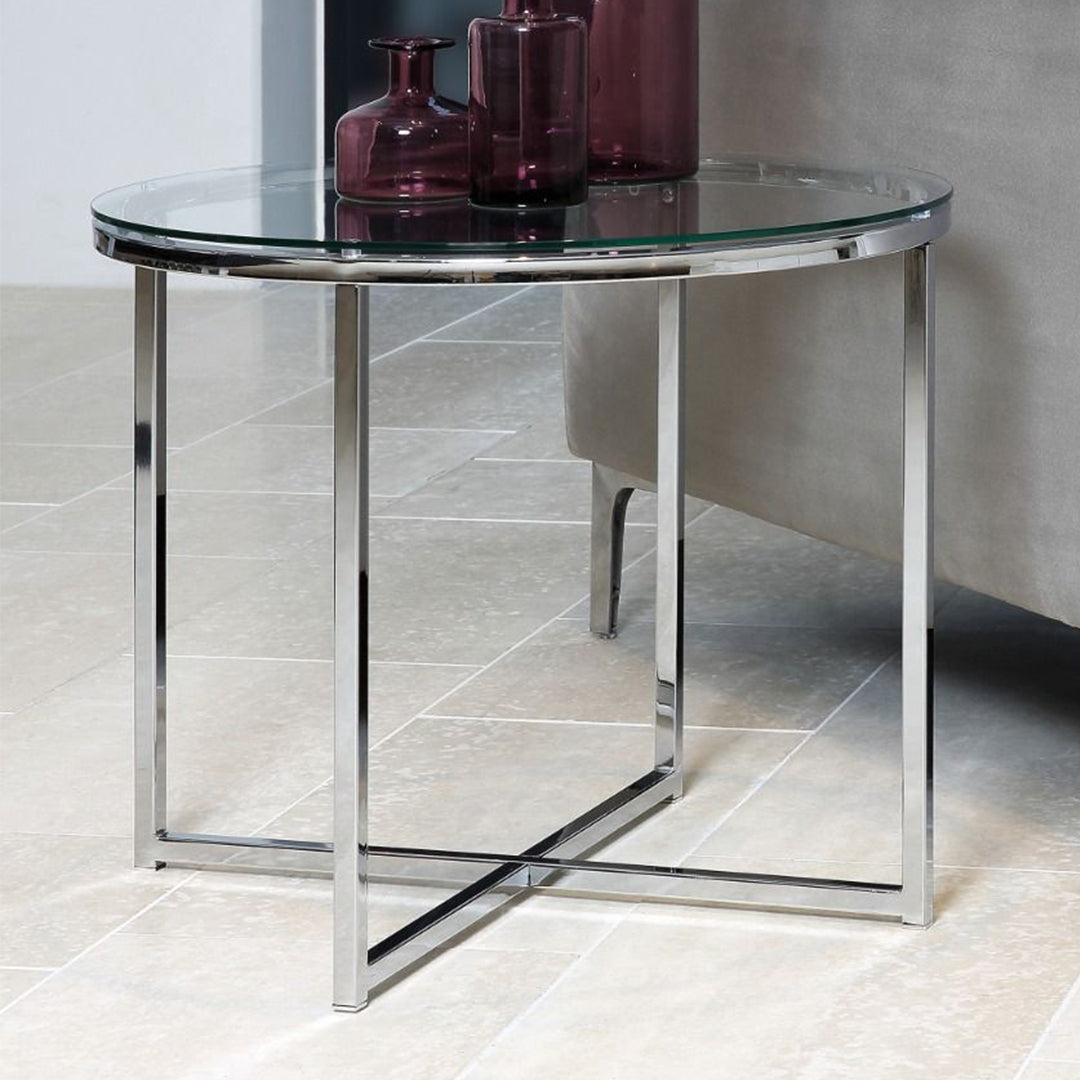 Glass Side Table Round With Chrome Metal X-Frame - Cross