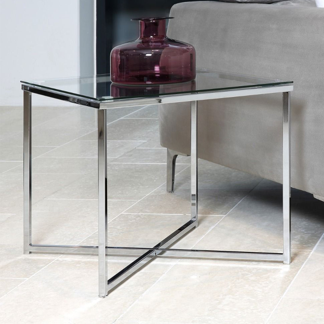 Glass Side Table Square With Chrome Metal X-Frame - Cross
