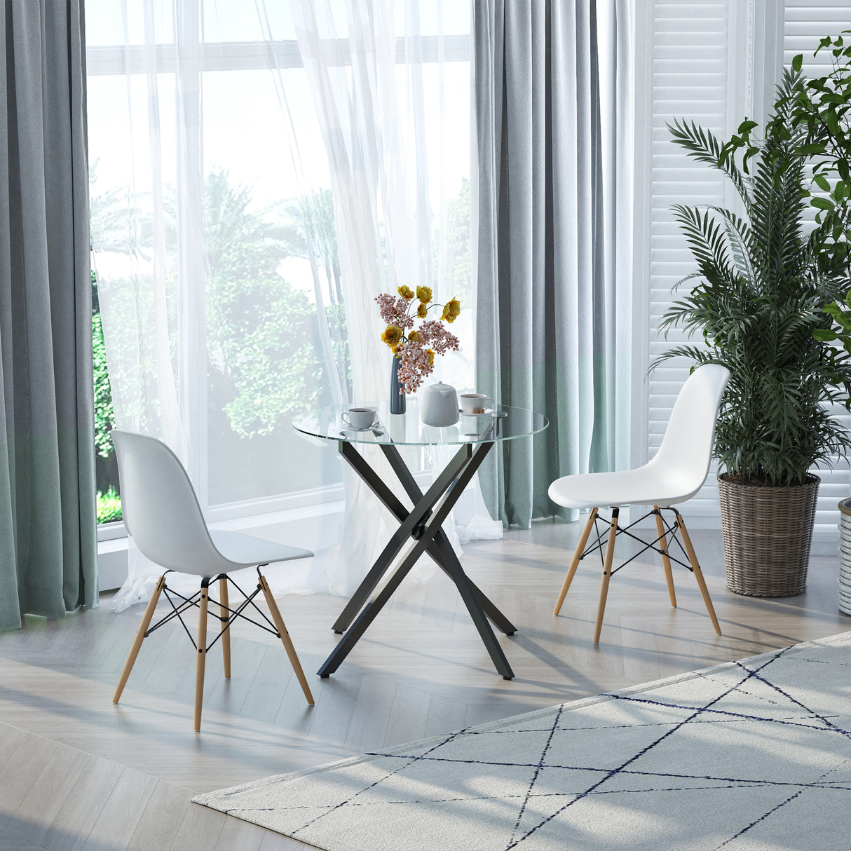 Glass Top Dining Table Round for 4 People With Steel Legs - Velmora