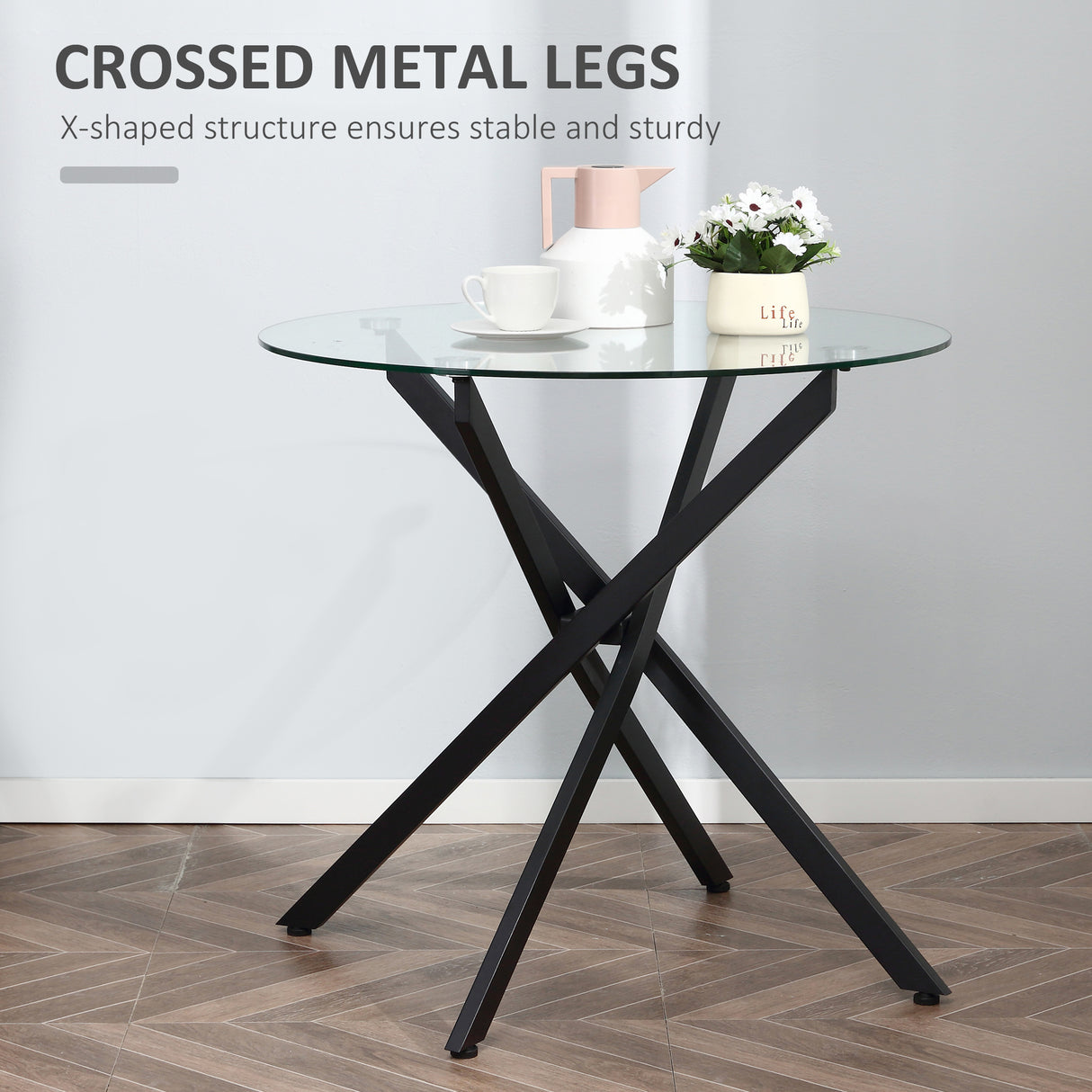 Glass Top Dining Table Round for 4 People With Steel Legs - Velmora