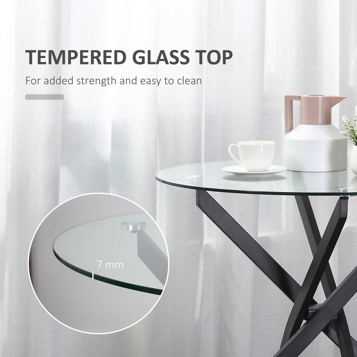 Glass Top Dining Table Round for 4 People With Steel Legs - Velmora