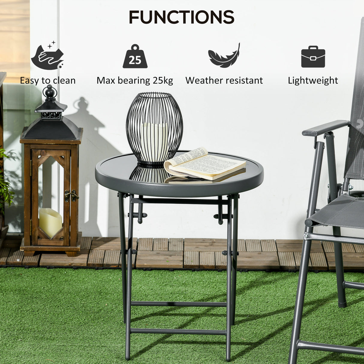 Glass Top Folding Garden Side Table Round - Velmora