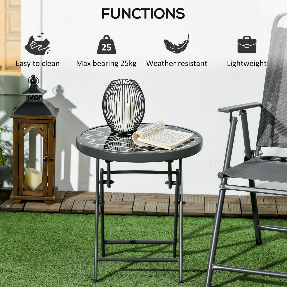 Glass Top Folding Garden Side Table Round - Velmora