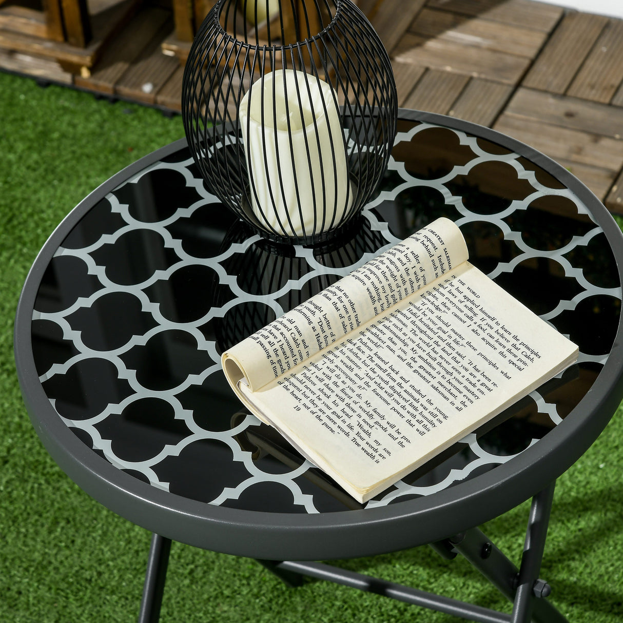 Glass Top Folding Garden Side Table Round - Velmora