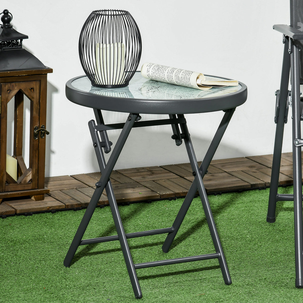 Glass Top Folding Garden Side Table Round - Velmora