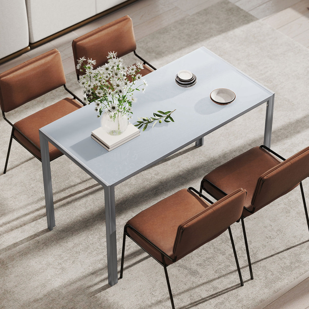 Glass Top Kitchen Dining Table Rectangular for 4 People - Velmora