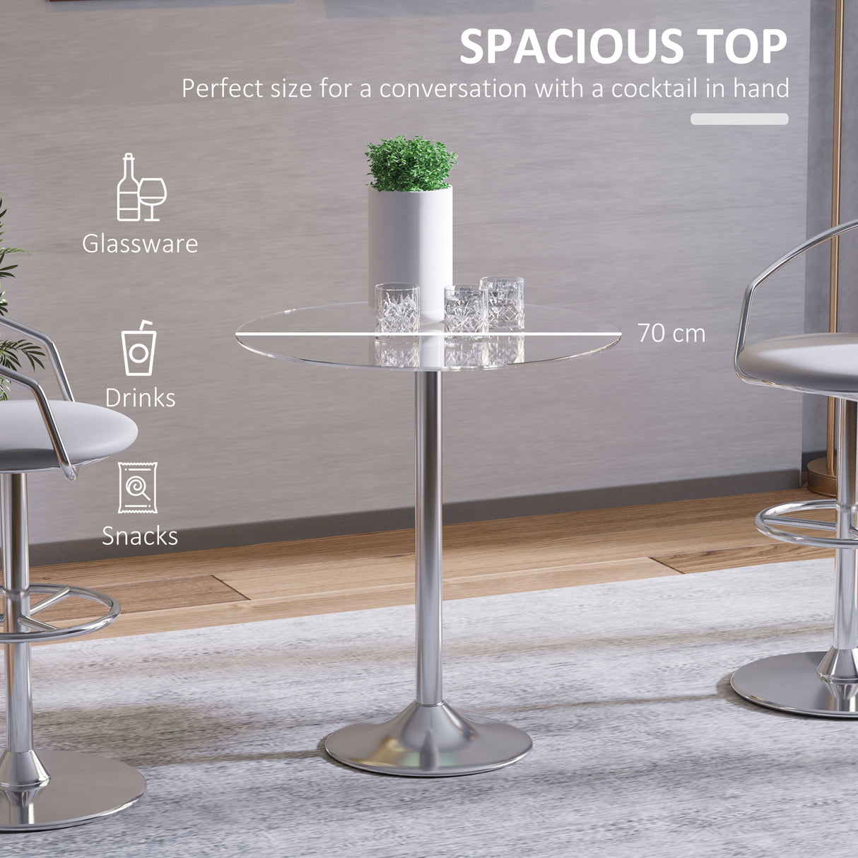 Glass Top Modern Bar Table 70cm Round for 4 People - Velmora