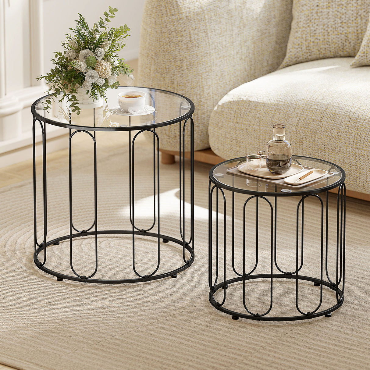Glass Top Nest of 2 Tables Round With Elliptical Cut-Out Design - Velmora