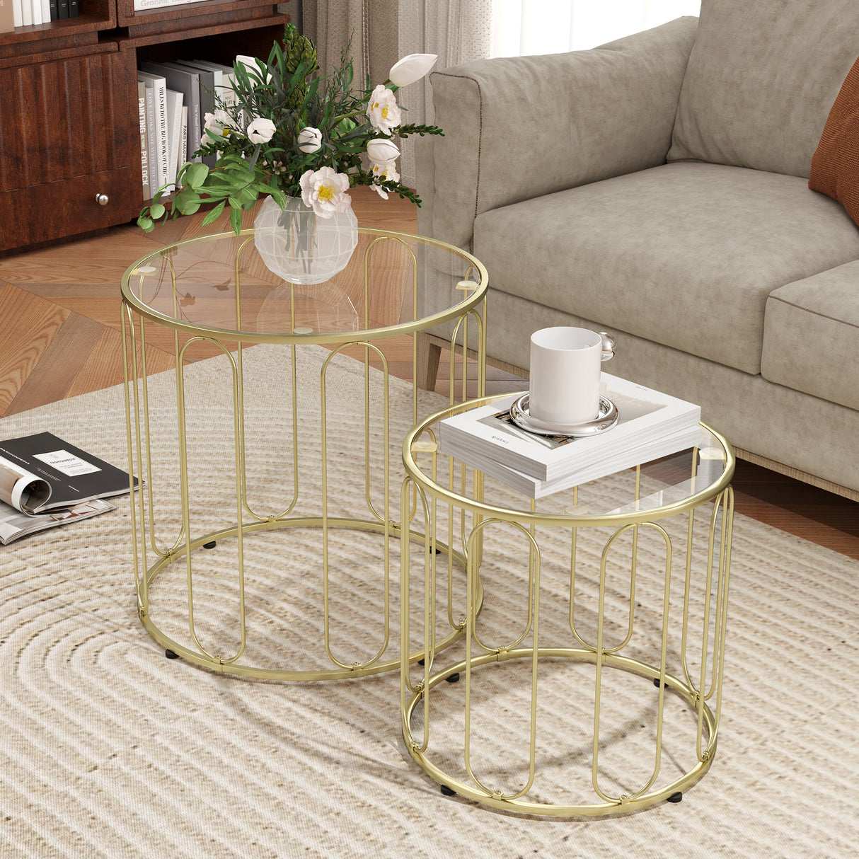 Glass Top Nest of 2 Tables Round With Elliptical Cut-Out Design - Velmora