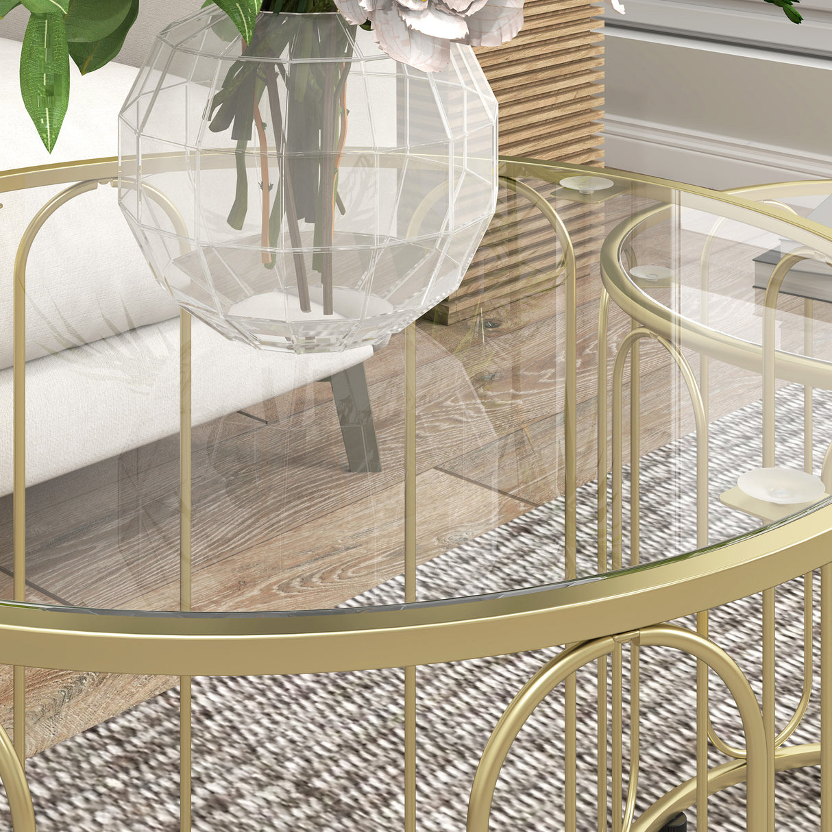 Glass Top Nest of 2 Tables Round With Elliptical Cut-Out Design - Velmora