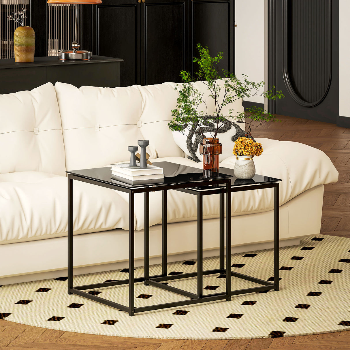 Glass Top Nest of 2 Tables Square With Metal Frame - Velmora