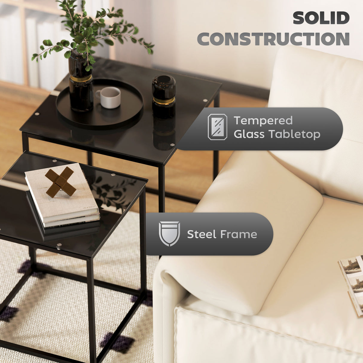 Glass Top Nest of 2 Tables Square With Metal Frame - Velmora