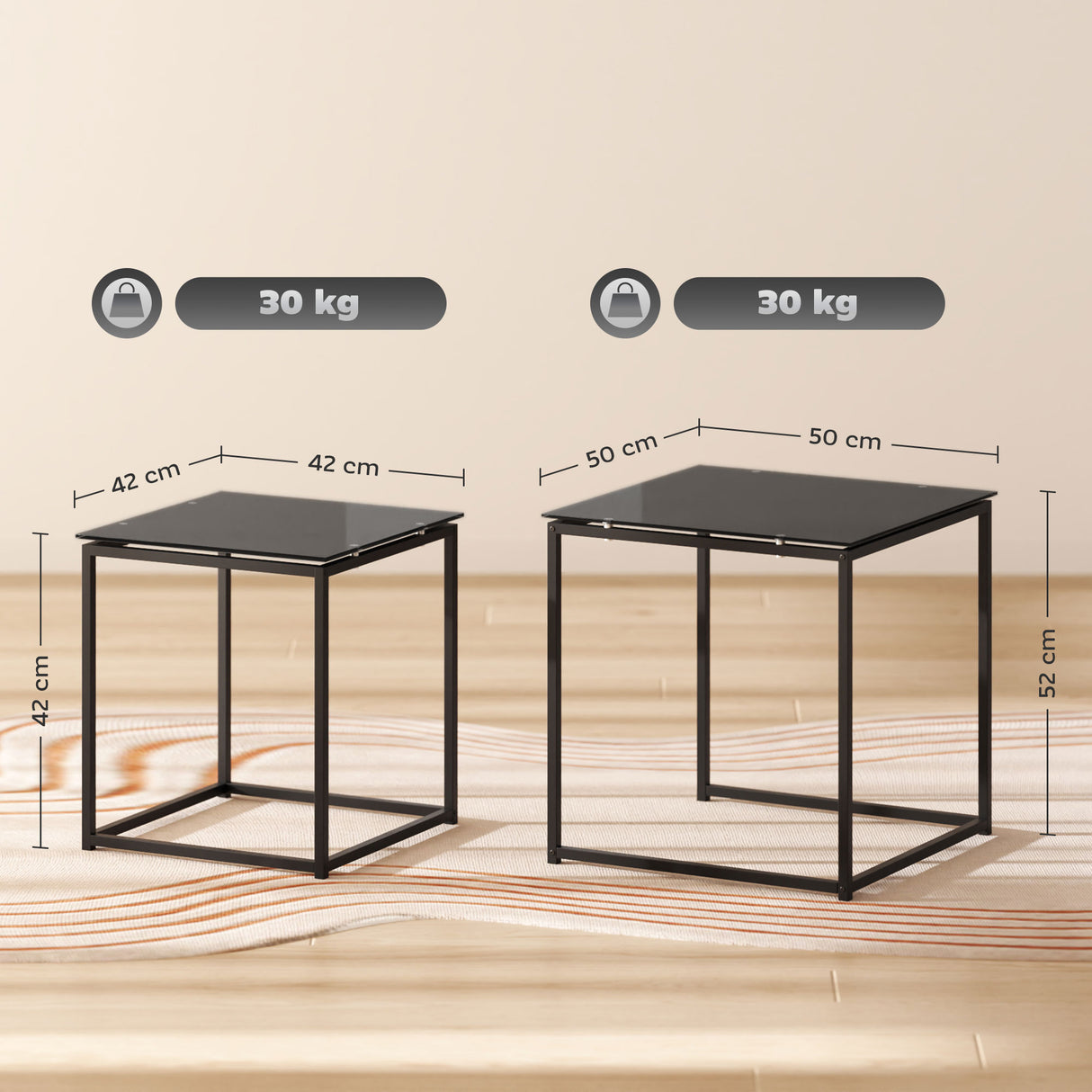 Glass Top Nest of 2 Tables Square With Metal Frame - Velmora