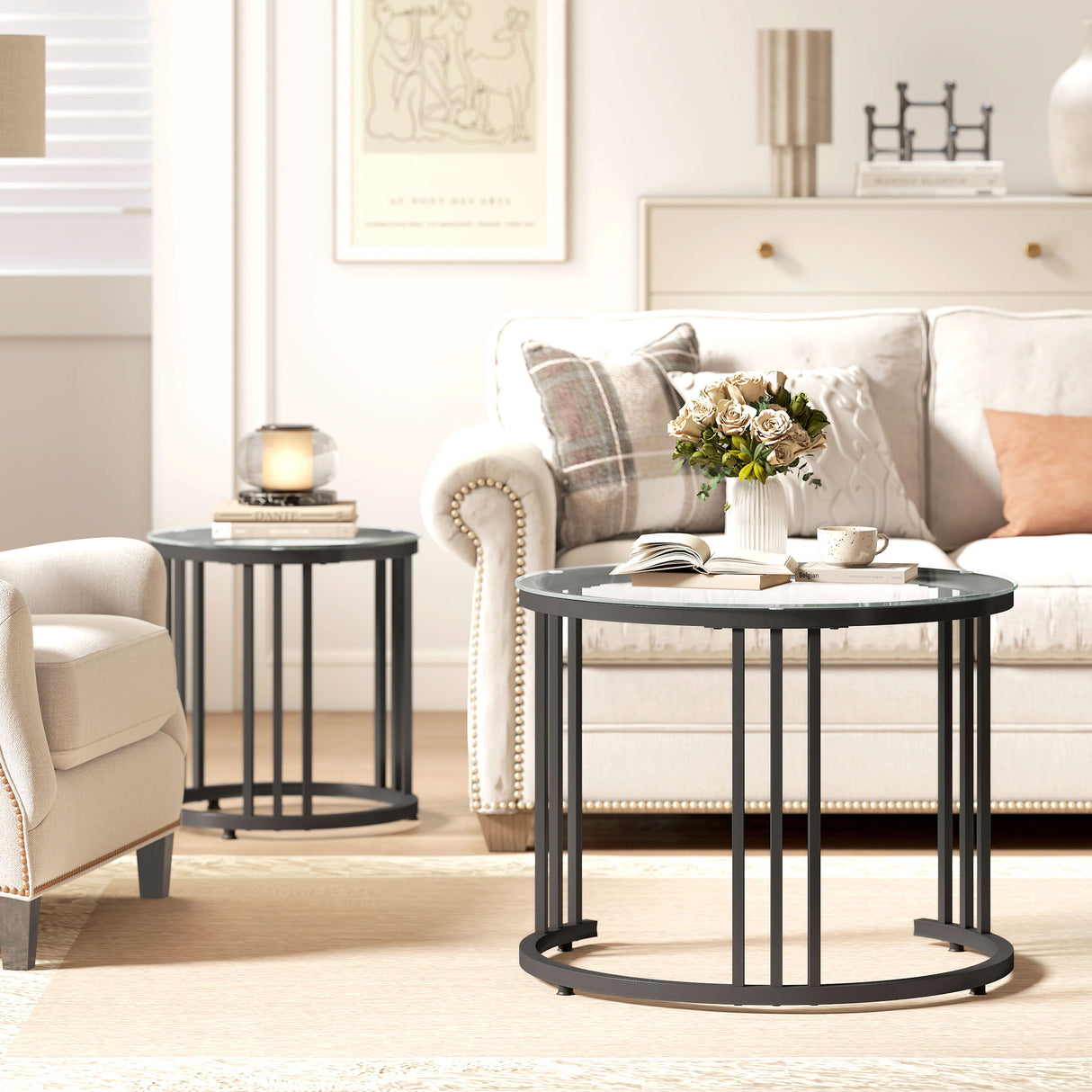 Glass Top Nesting Coffee Tables Round in Set of 2 With Black Steel Frame - Velmora