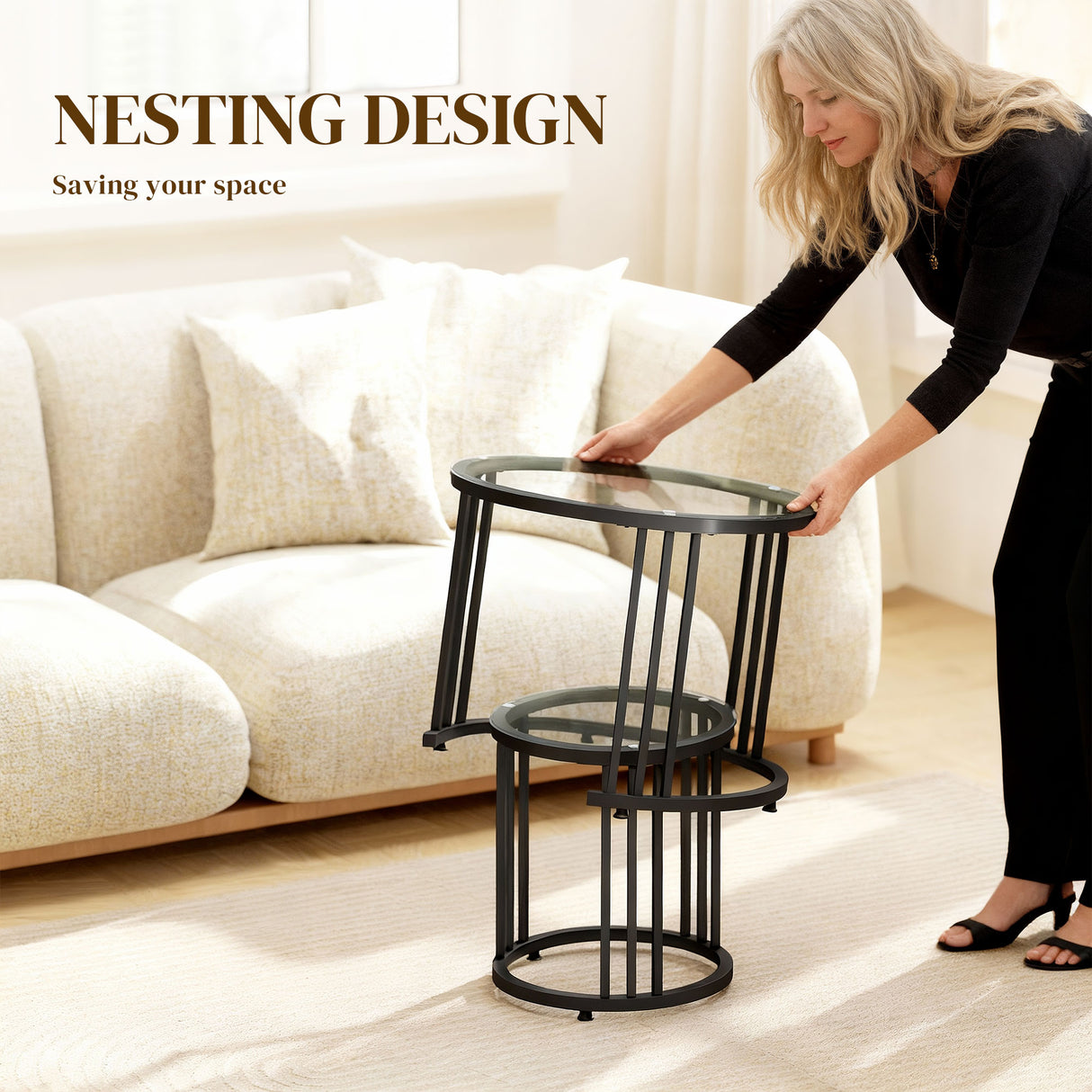 Glass Top Nesting Coffee Tables Round in Set of 2 With Black Steel Frame - Velmora