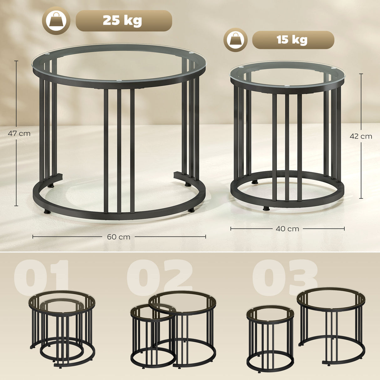 Glass Top Nesting Coffee Tables Round in Set of 2 With Black Steel Frame - Velmora