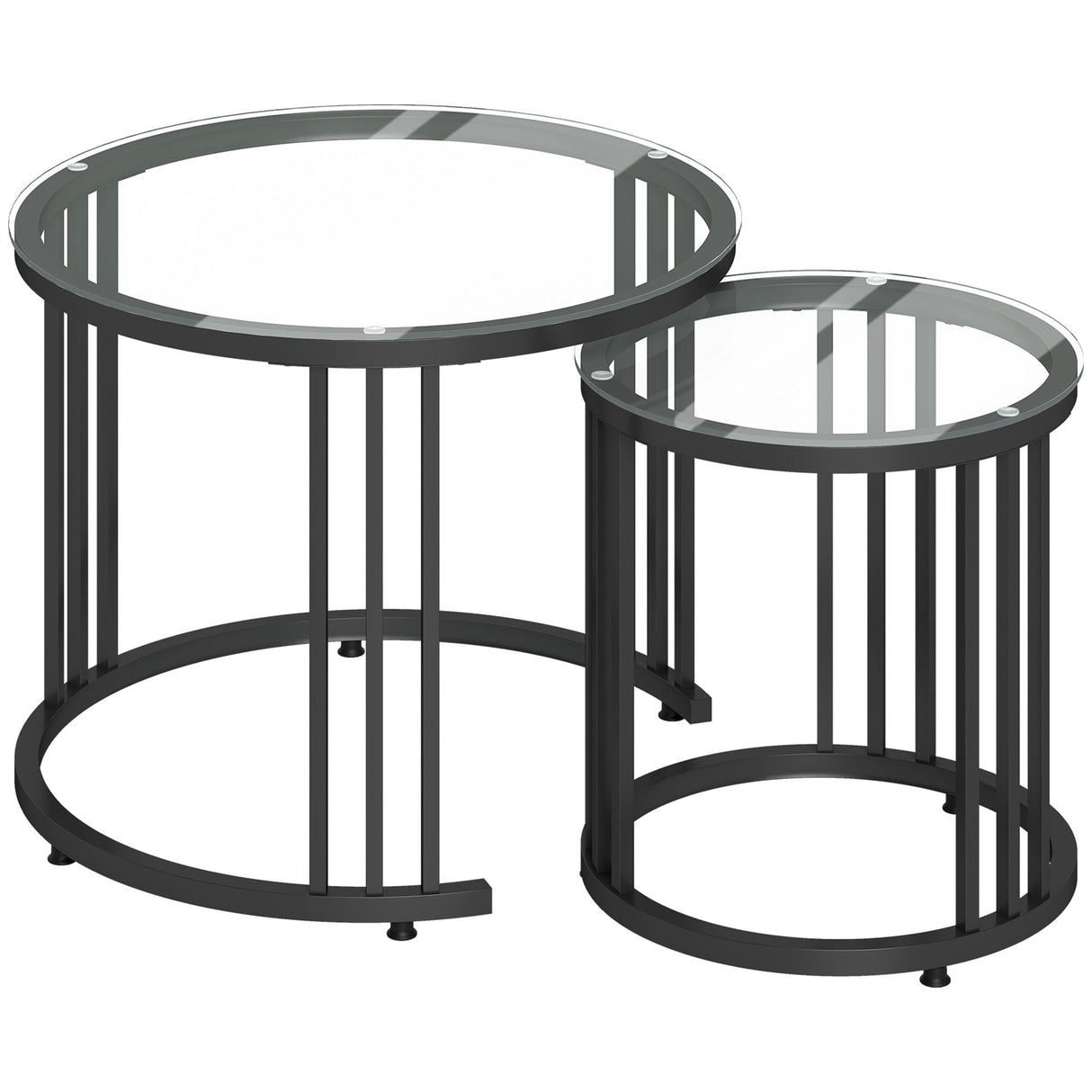 Glass Top Nesting Coffee Tables Round in Set of 2 With Black Steel Frame - Velmora