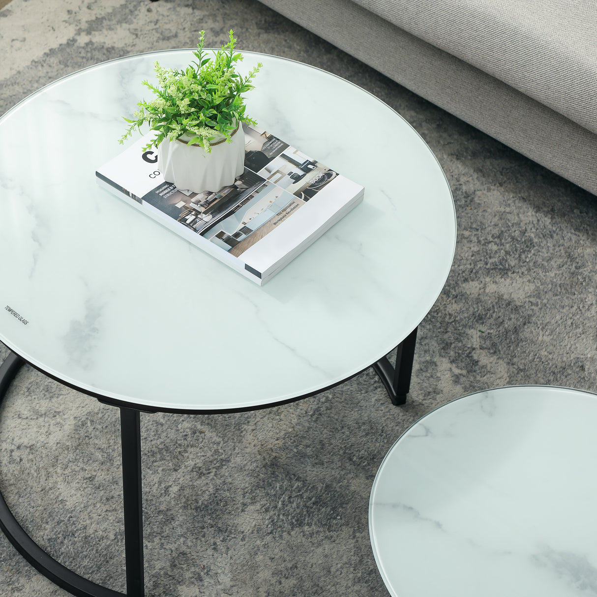 Glass Top Nesting Coffee Tables Round in Set of 2 With Steel Frame - Velmora