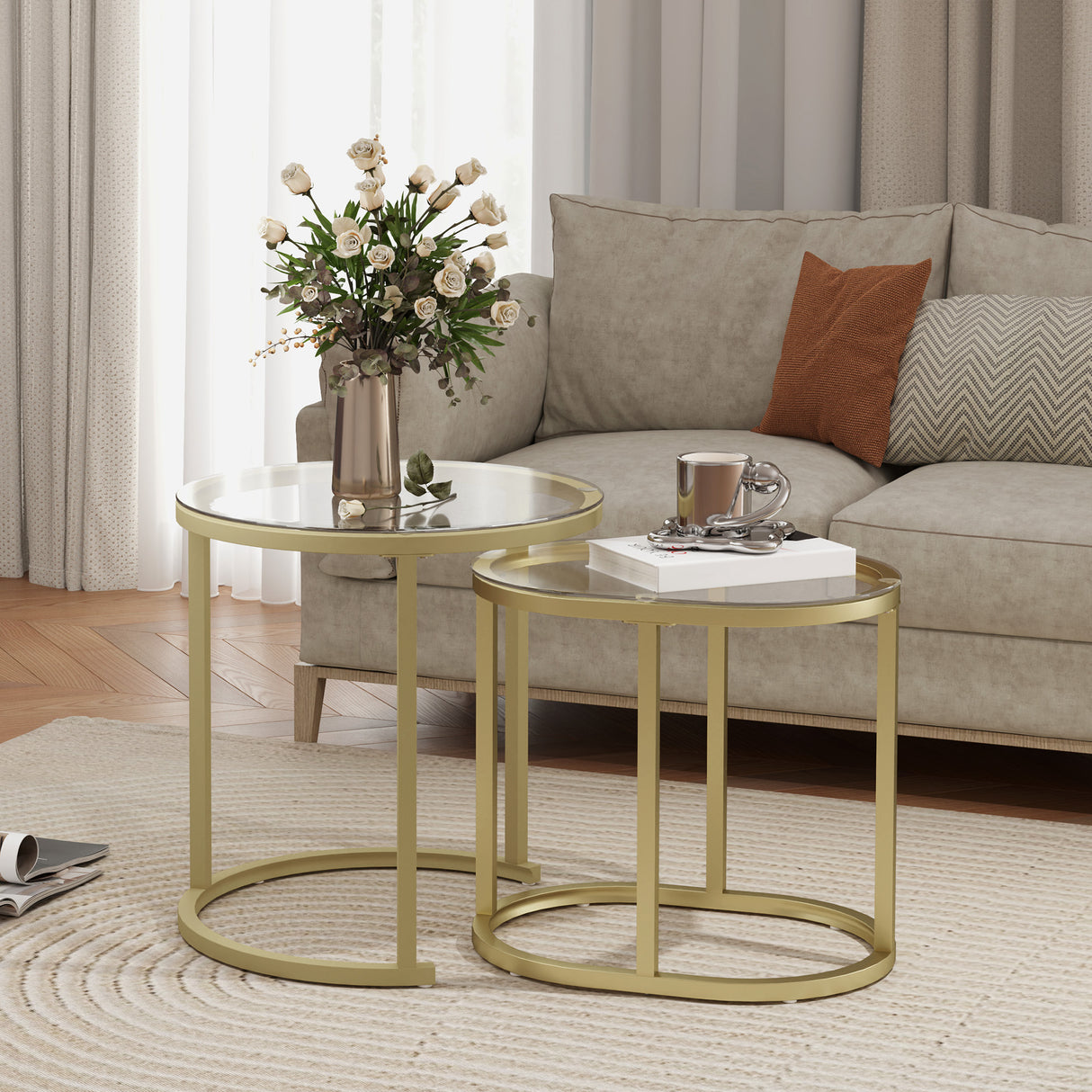 Glass Top Nesting Coffee Tables Round in Set of 2 - Velmora