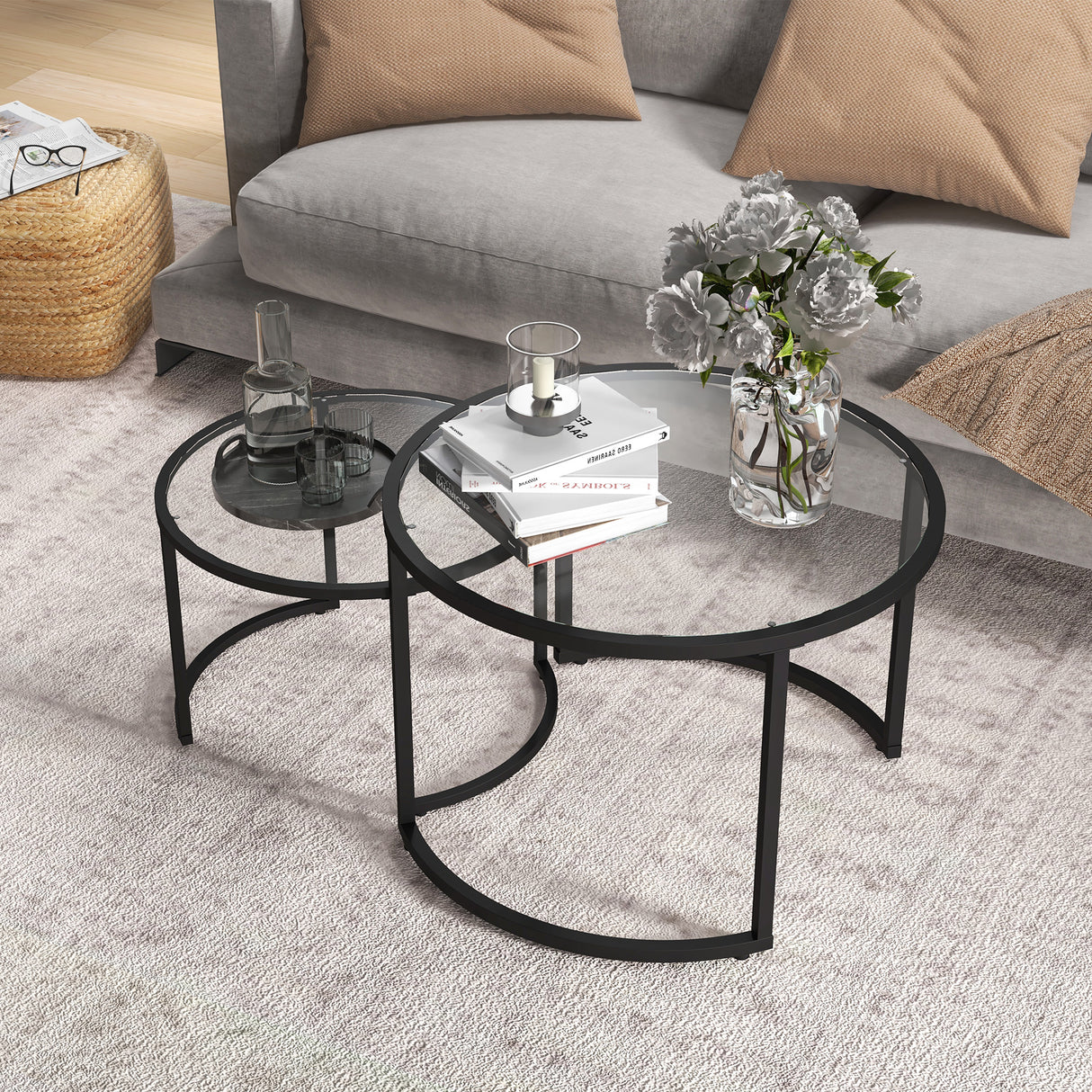 Glass Top Nesting Coffee Tables in Set of 2 With Black Steel Frame - Velmora