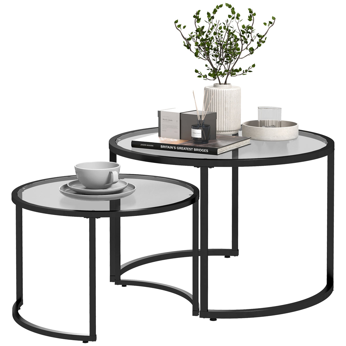Glass Top Nesting Coffee Tables in Set of 2 With Black Steel Frame - Velmora