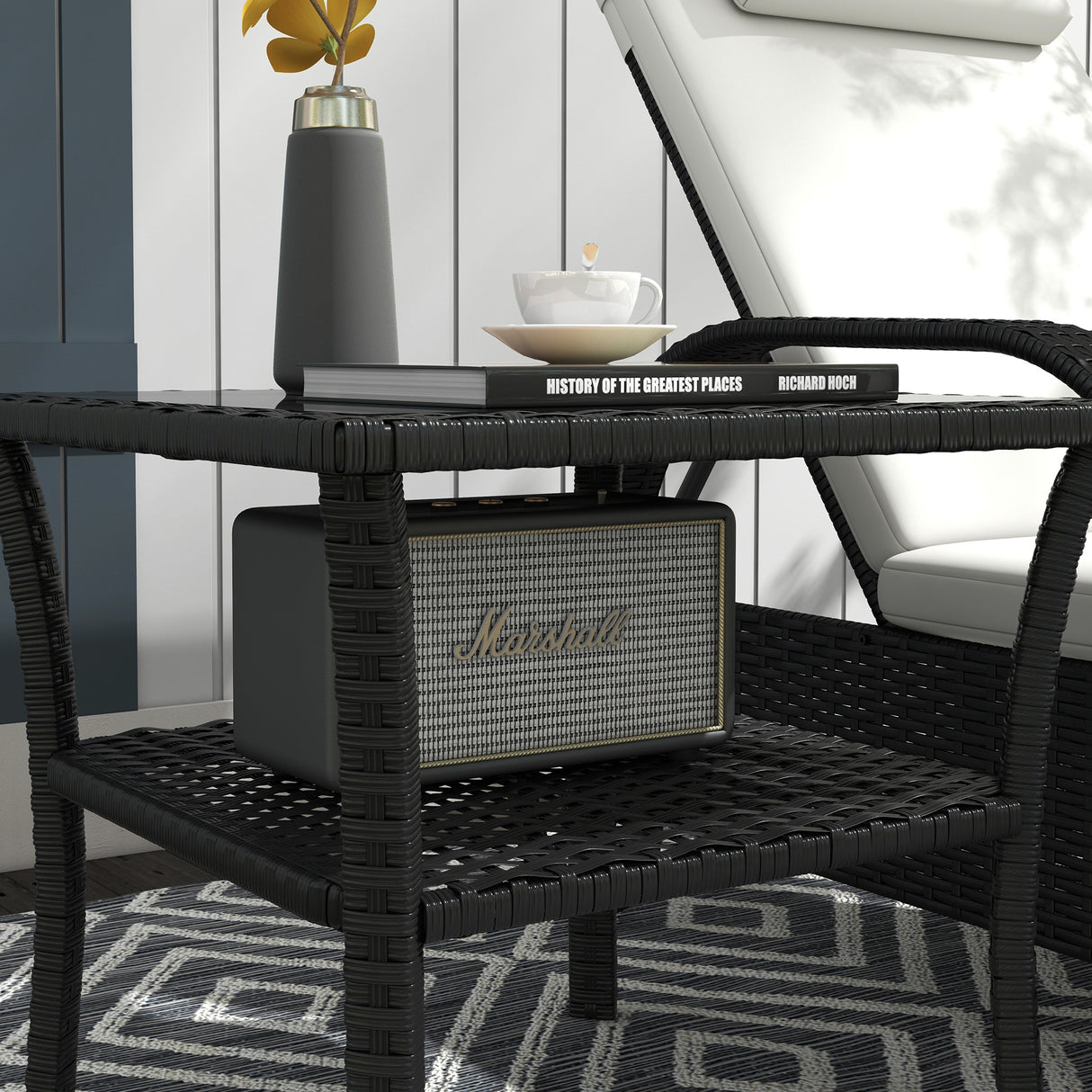 Glass Top Outdoor Garden Coffee Table With PE Rattan Frame Square - Velmora