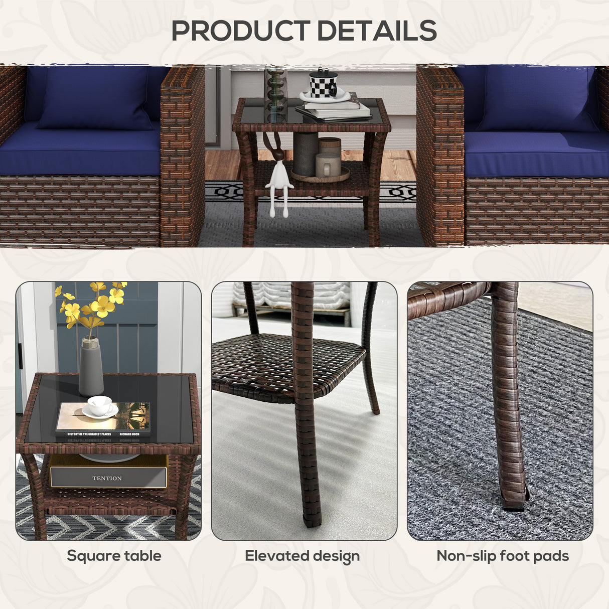Glass Top Outdoor Garden Coffee Table With PE Rattan Frame Square - Velmora