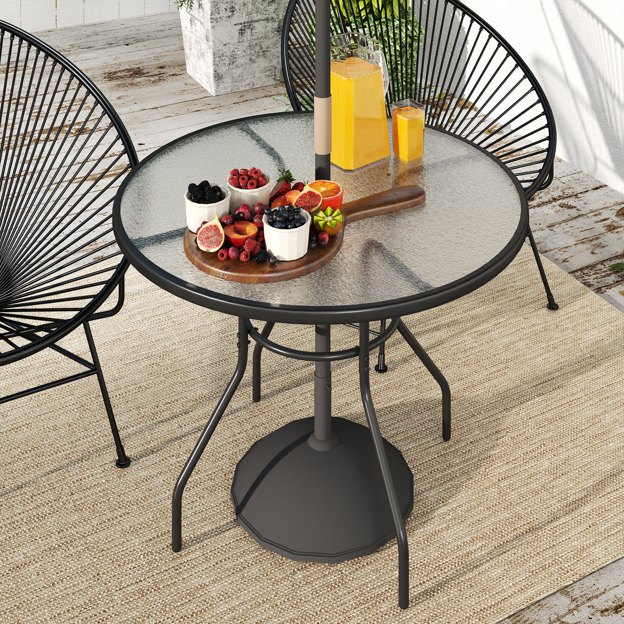 Glass Top Outdoor Garden Dining Table 100cm Wide With Parasol Hole - Velmora