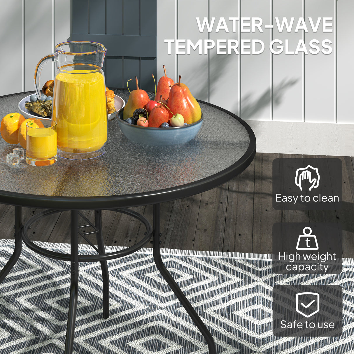 Glass Top Outdoor Garden Dining Table 100cm Wide With Parasol Hole - Velmora