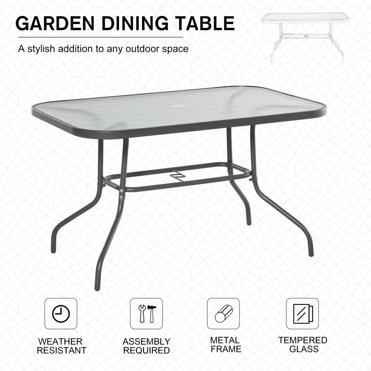 Glass Top Outdoor Garden Dining Table 120cm Wide for 6 People With Parasol Hole - Velmora