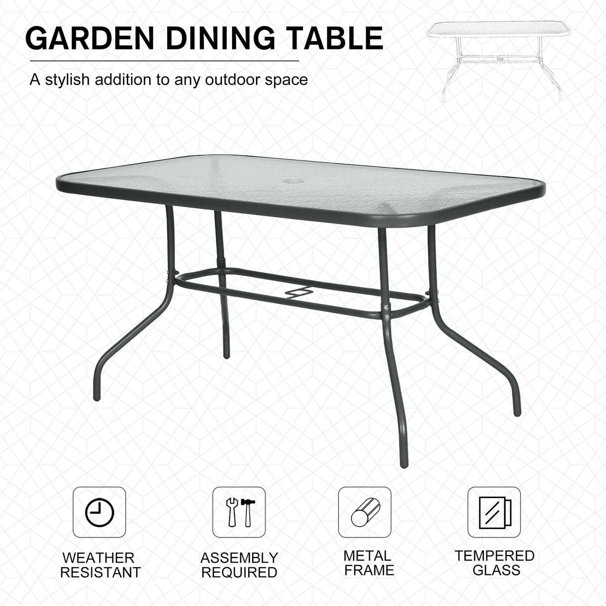 Glass Top Outdoor Garden Dining Table 140cm Wide for 6 People With Parasol Hole - Velmora