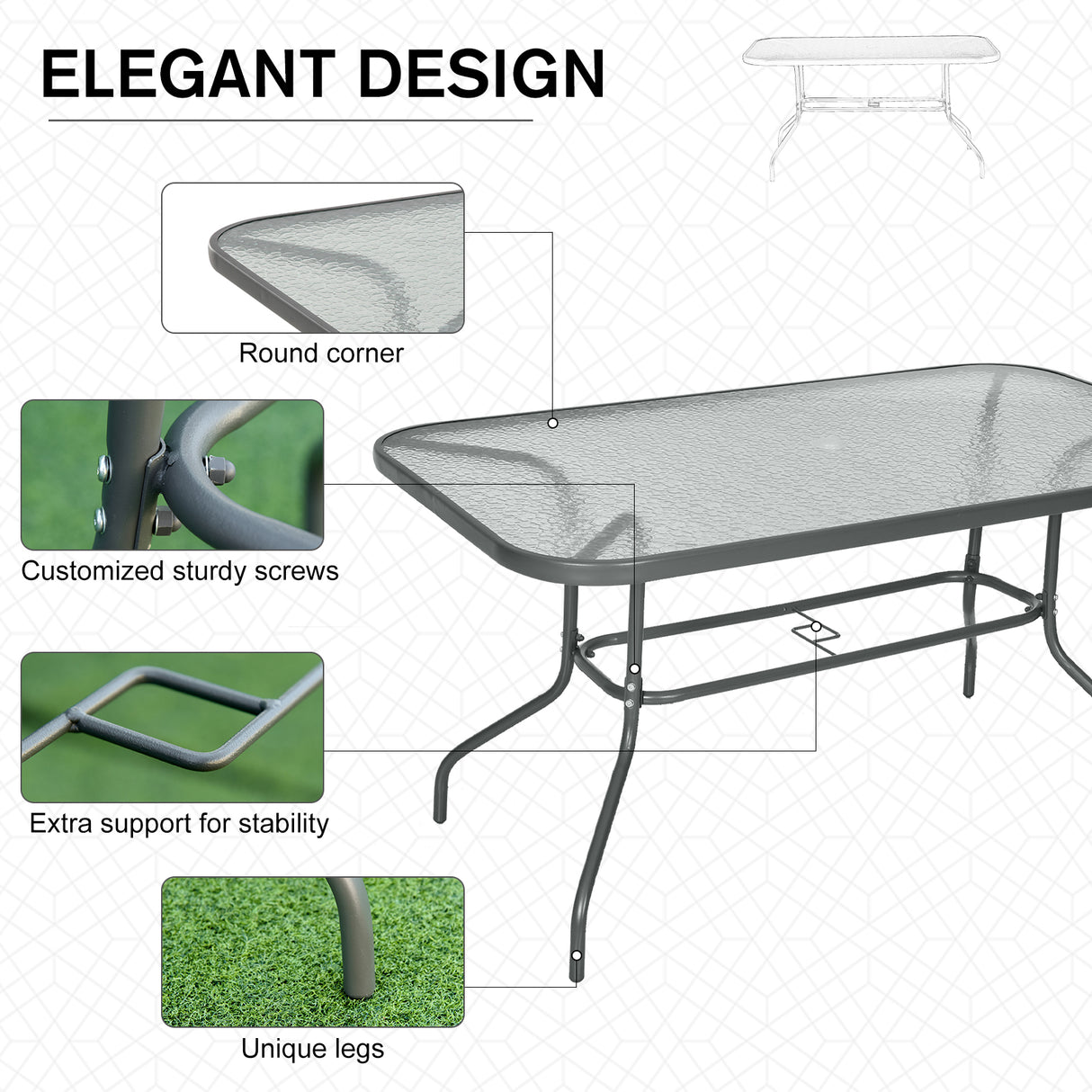 Glass Top Outdoor Garden Dining Table 140cm Wide for 6 People With Parasol Hole - Velmora
