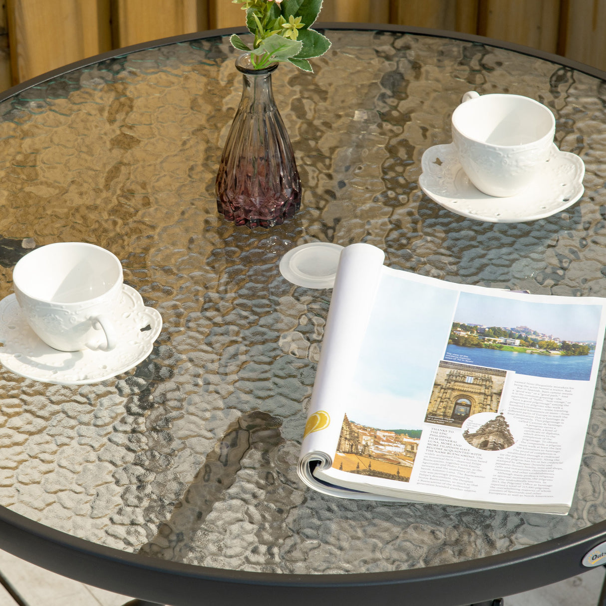 Glass Top Outdoor Garden Dining Table 80cm Wide With Parasol Hole - Velmora