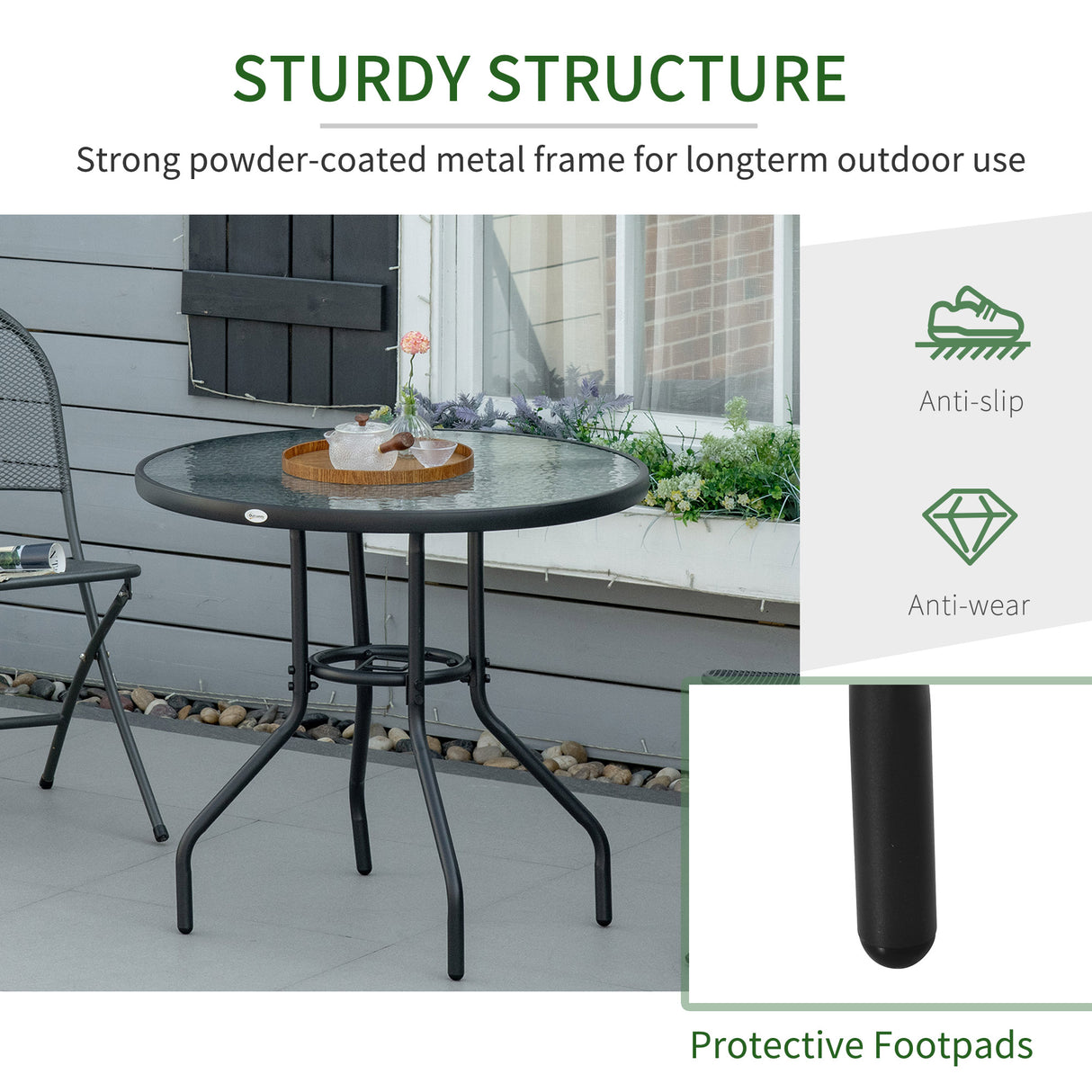 Glass Top Outdoor Garden Dining Table 80cm Wide With Parasol Hole - Velmora