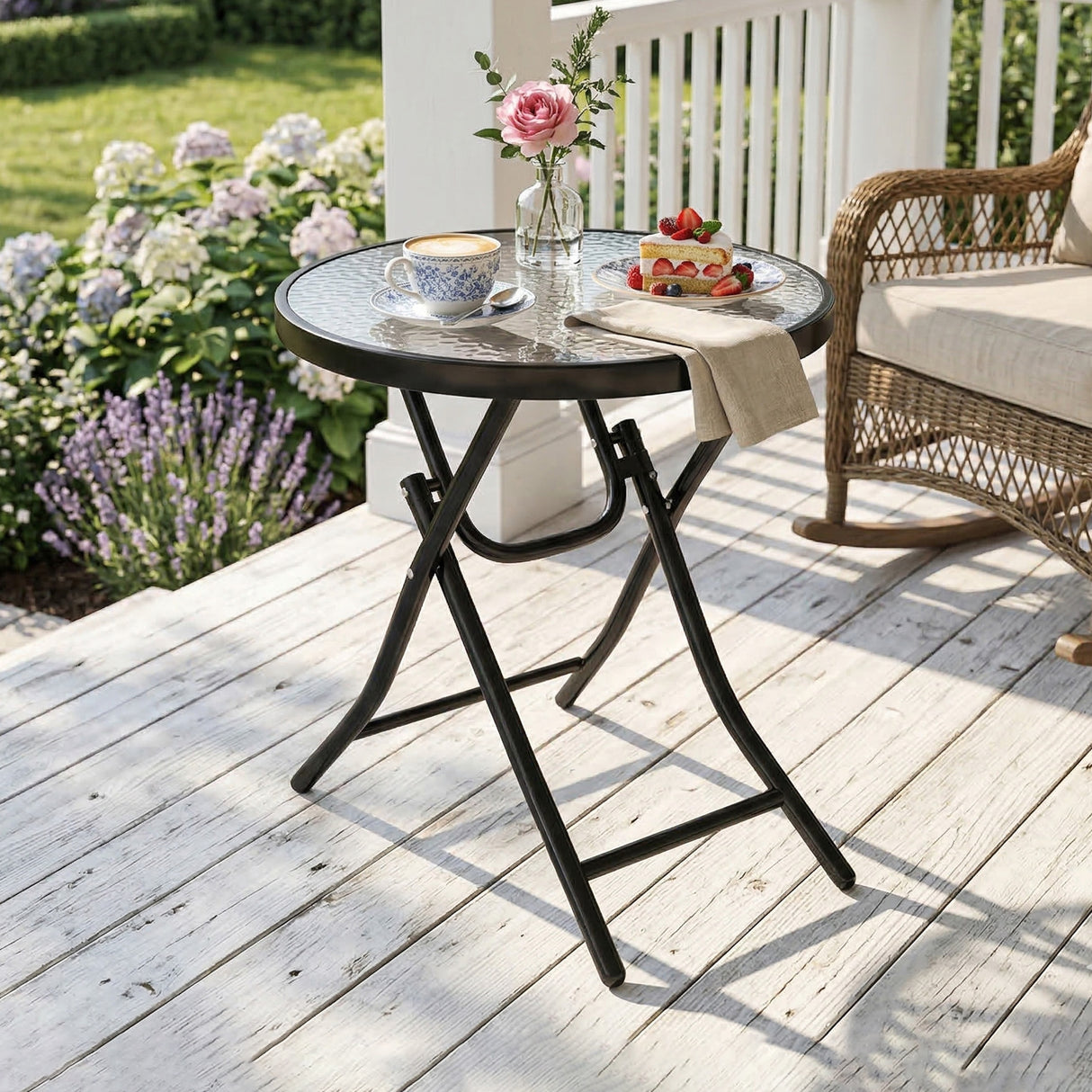Glass Top Outdoor Garden Patio Side Table Round - Velmora