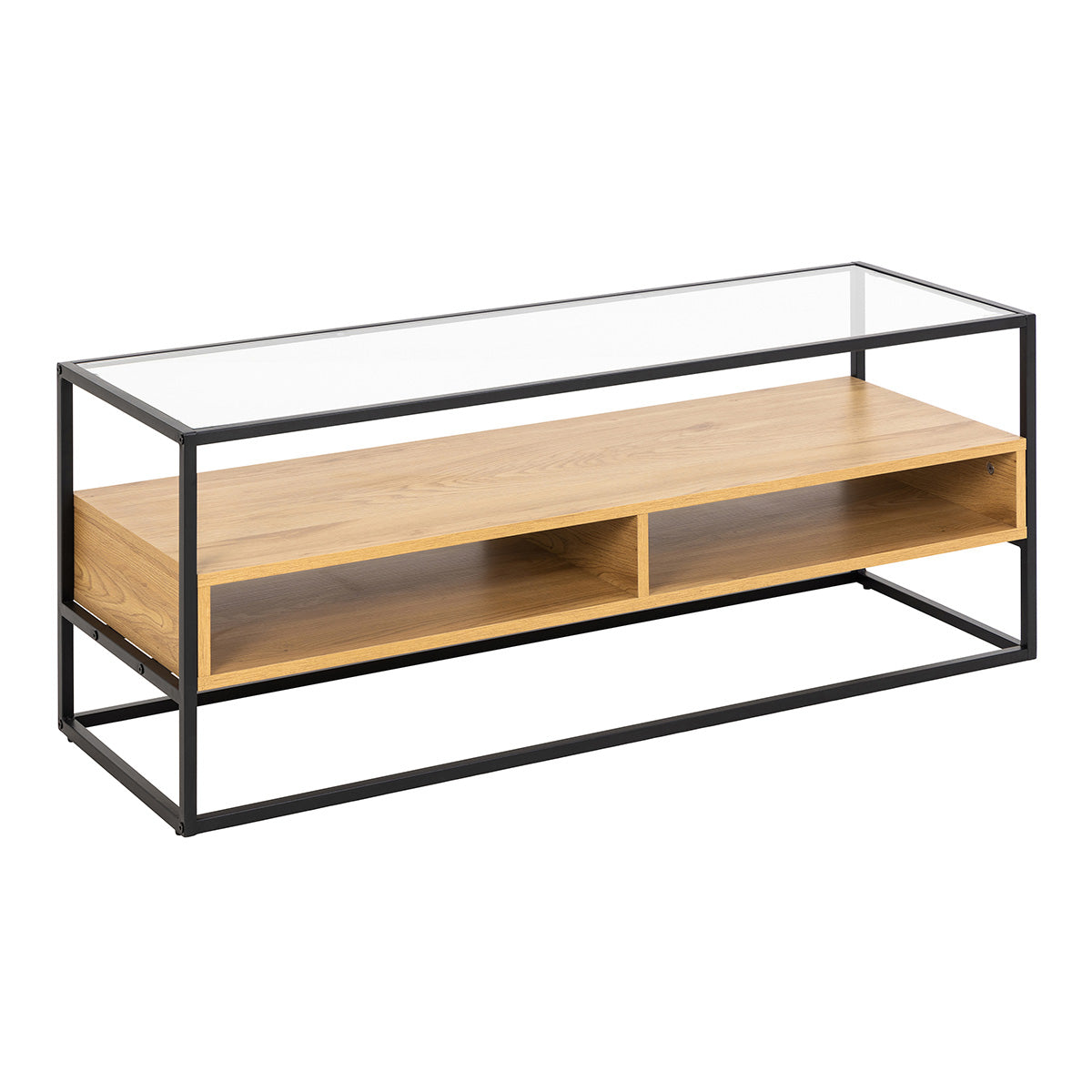 Glass TV Stand With 2 Oak Shelves - Randolf