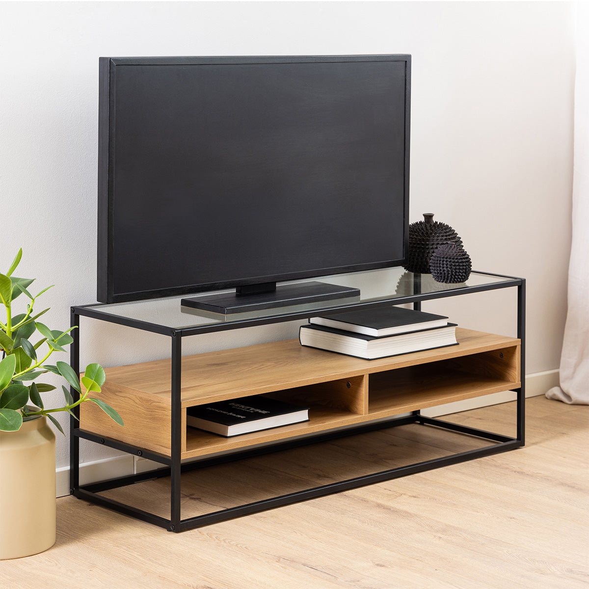 Glass TV Stand With 2 Oak Shelves - Randolf