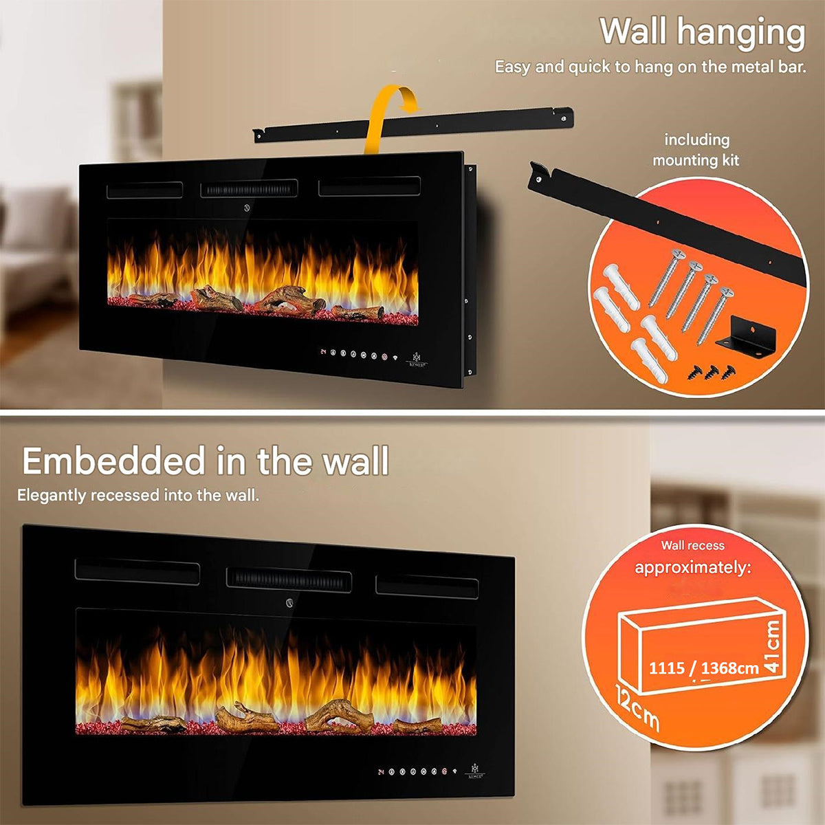 Glass Wall Insert or Mounted Electric Fire With Wi-Fi 50 Inch - Luminis