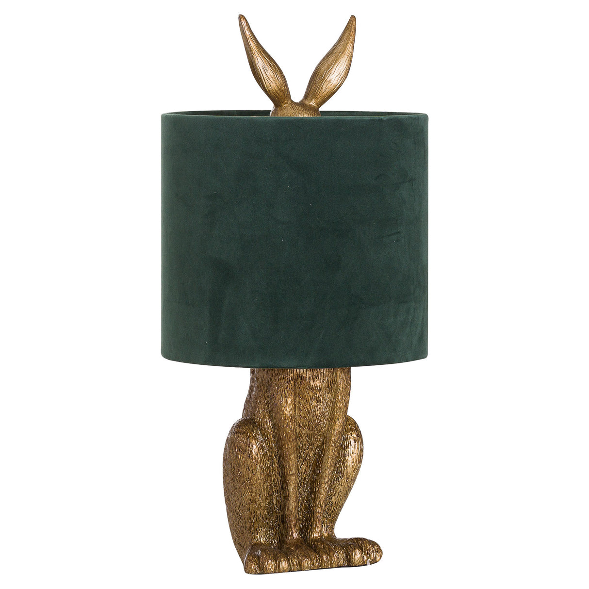 Green Velvet Shade Table Lamp With Hare Resin Base - Antique