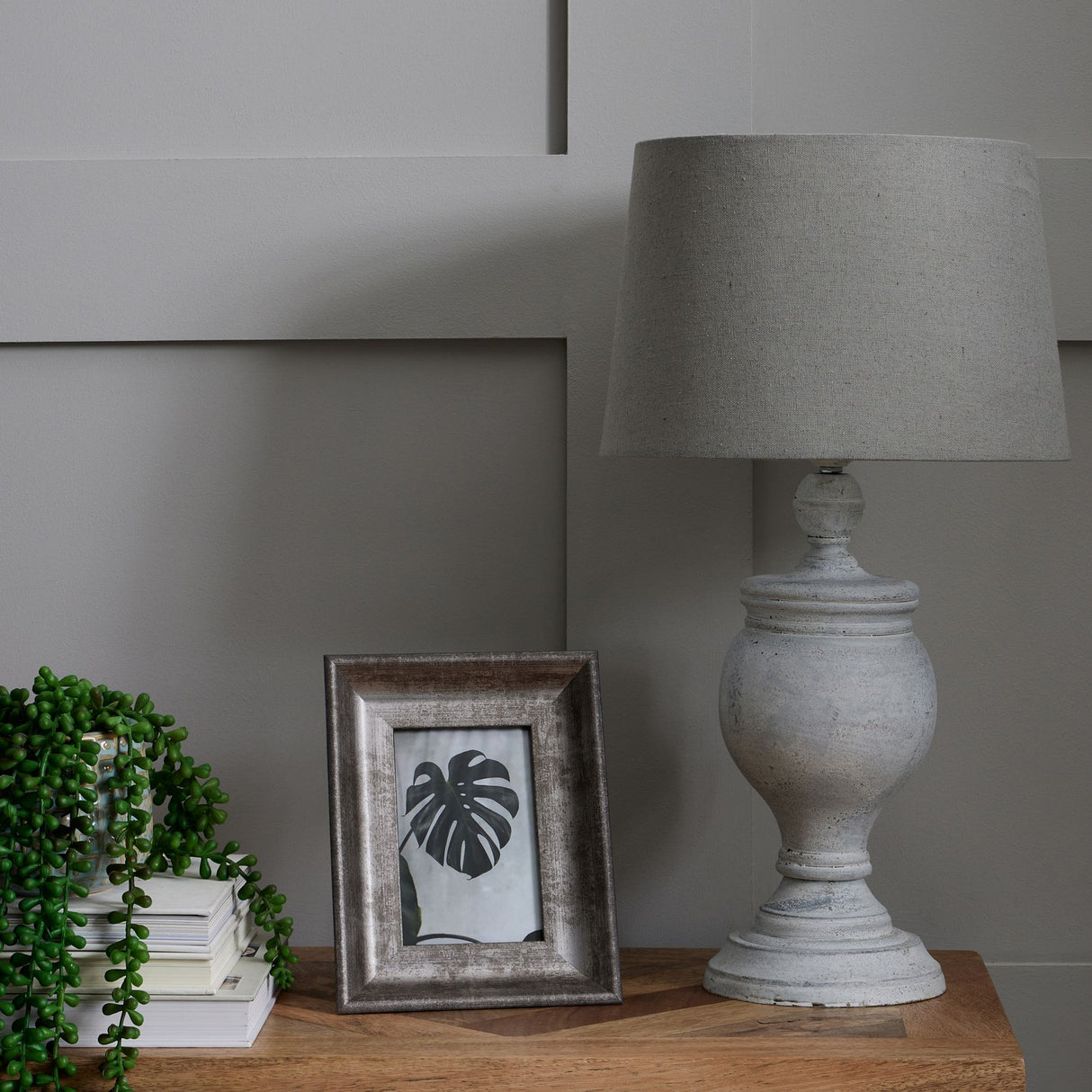 Grey Linen Shade Table Lamp With Wooden Base - Uthina