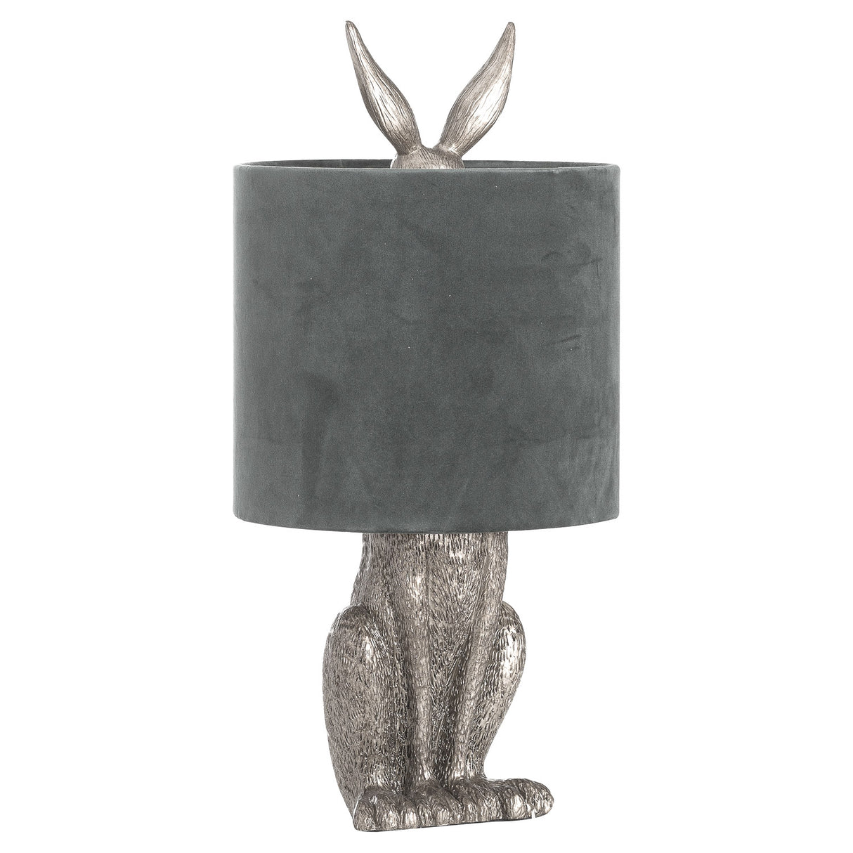 Grey Velvet Shade Table Lamp With Hare Resin Base - Antique