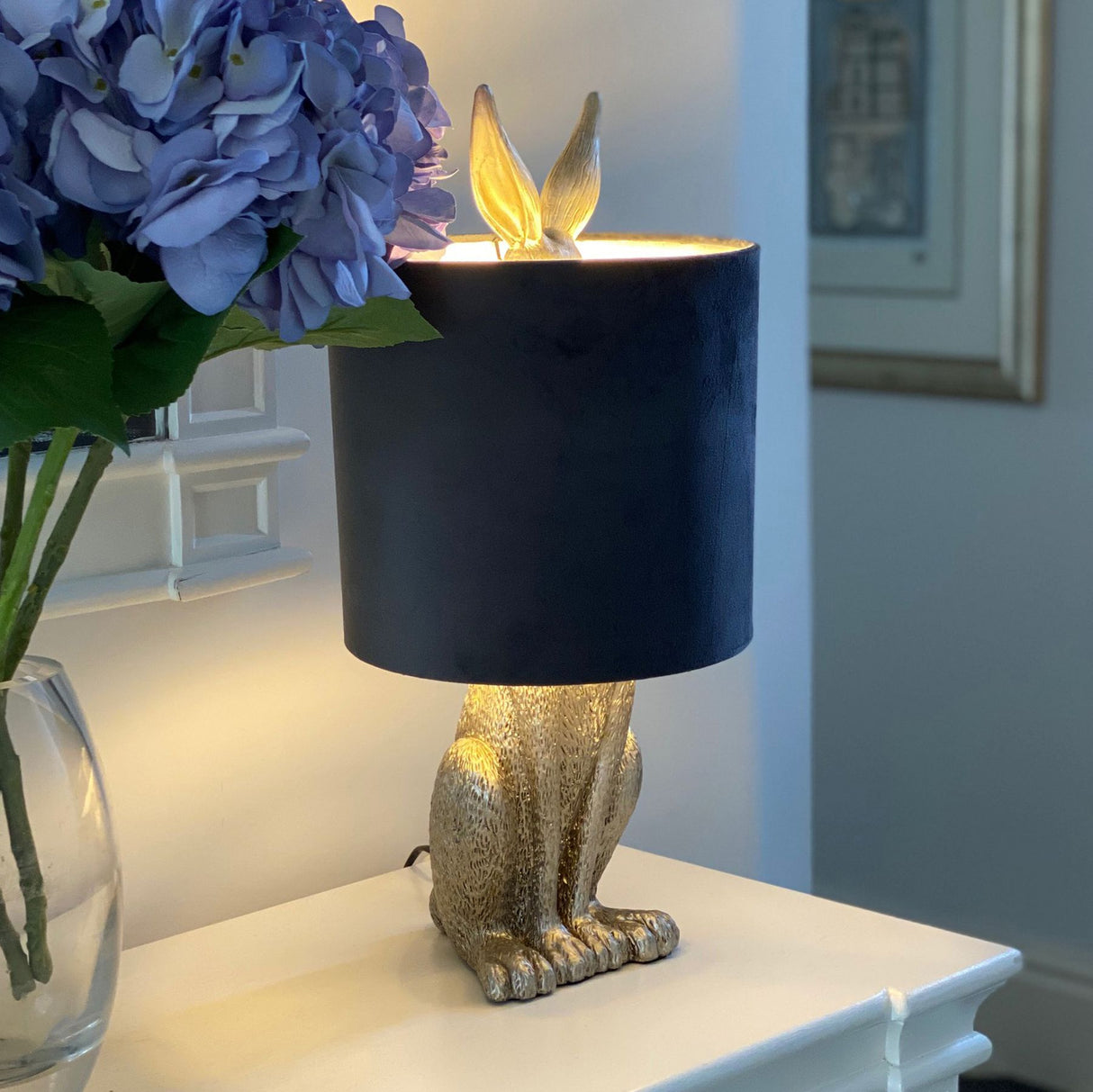 Grey Velvet Shade Table Lamp With Hare Resin Base - Antique