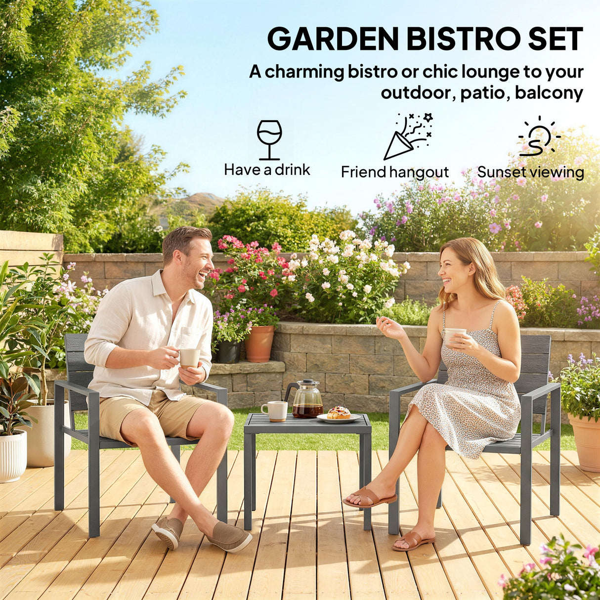HDPE 3 Pieces Garden Bistro Set With Steel Frame - Velmora